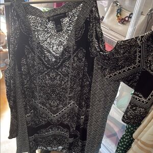 INC Black and White Patterned Cold Shoulder Top